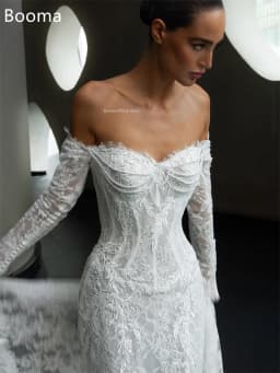 Booma Mermaid Long Pearls Off The Shoulder Elegant Wedding Dresses Floor-Length Lace Appliques Brides Gown Custom Made 2025