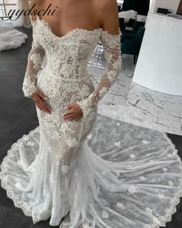 Customized Luxury Pearls Beading Long Sleeves Mermaid Wedding Dress 2025 Sexy Lace Appliques Bride Gowns Vestidos De Novia
