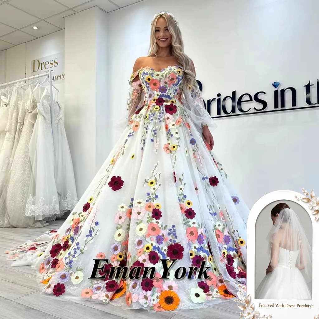 EmanY Pastoral Sweetheart Wedding Dresses for Women Bridal Zipper Court Train Off the Shoulder A-line Pleat Customized