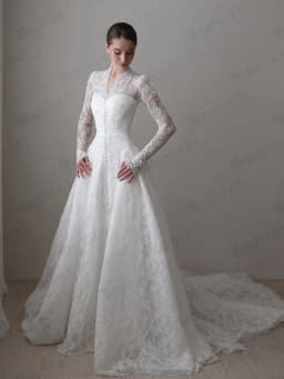 Mophiel Lace Weddings Dresses High Collar Long Illusion Sleeve A Line Bride Dress Sweep Train Church Bridal Gown Customized