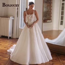 BONJOURY Vintage Backless Wedding Dresses For Woman Bride Tulle Appliques Spagehtti Straps Vestidos De Noiva Customized