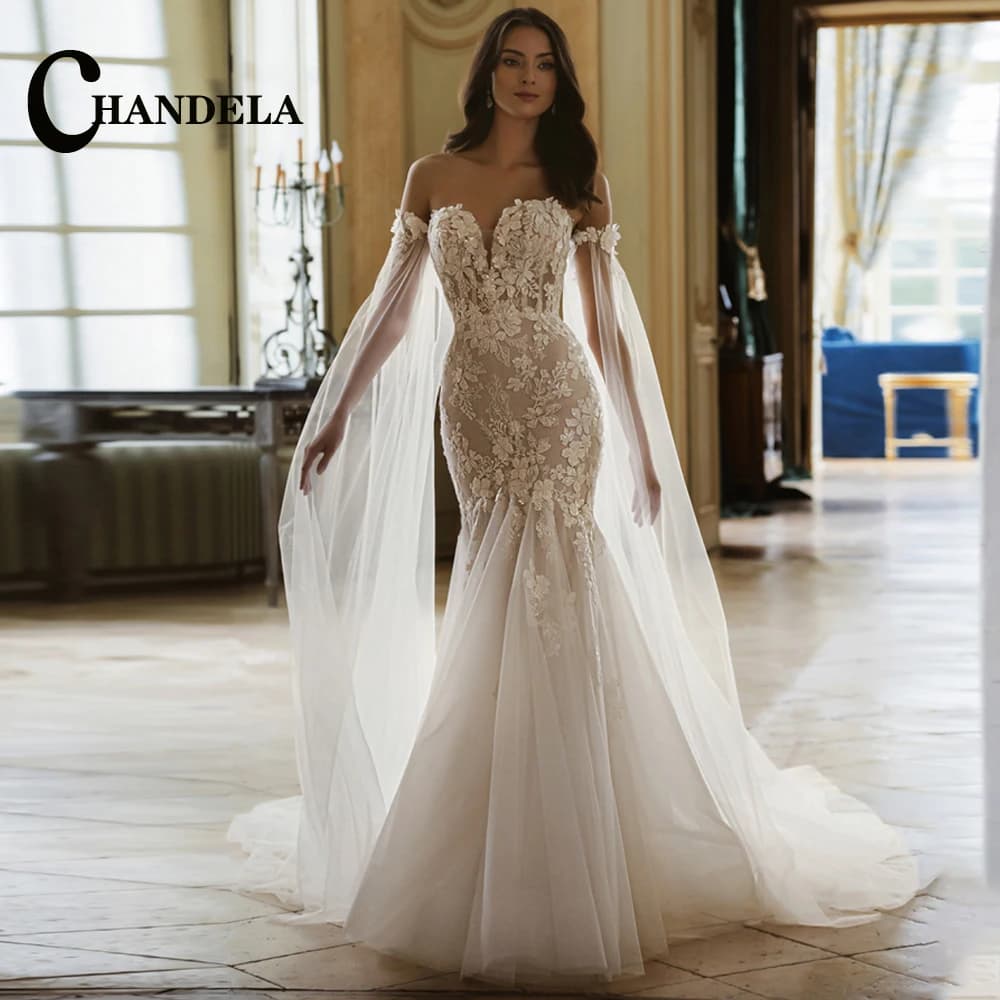 CHANDELA Fashionabl Sweetheart Wedding Dress Bridal Mermaid with Cape Appliques Zipper Vestido De Casamento Customised