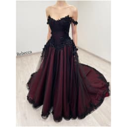 Rebecca Customized Gothic Off Shoulder Black Lace Applique Wedding Dress Lace-Up vestidos de noche Floor-Length Formal Evening
