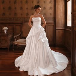 A Line Wedding Dress Customized Strapless Sweetheart Satin Bridal Gown Asymmetrical Ruffle Skirt Custom Train