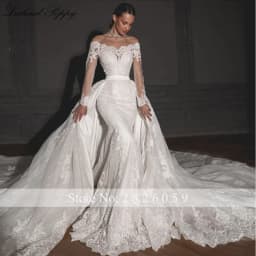 Lceland Poppy Customized Boat Neck Mermaid Lace Wedding Dresses Beaded Appliques Long Sleeves Bridal Gowns with Detachable Train