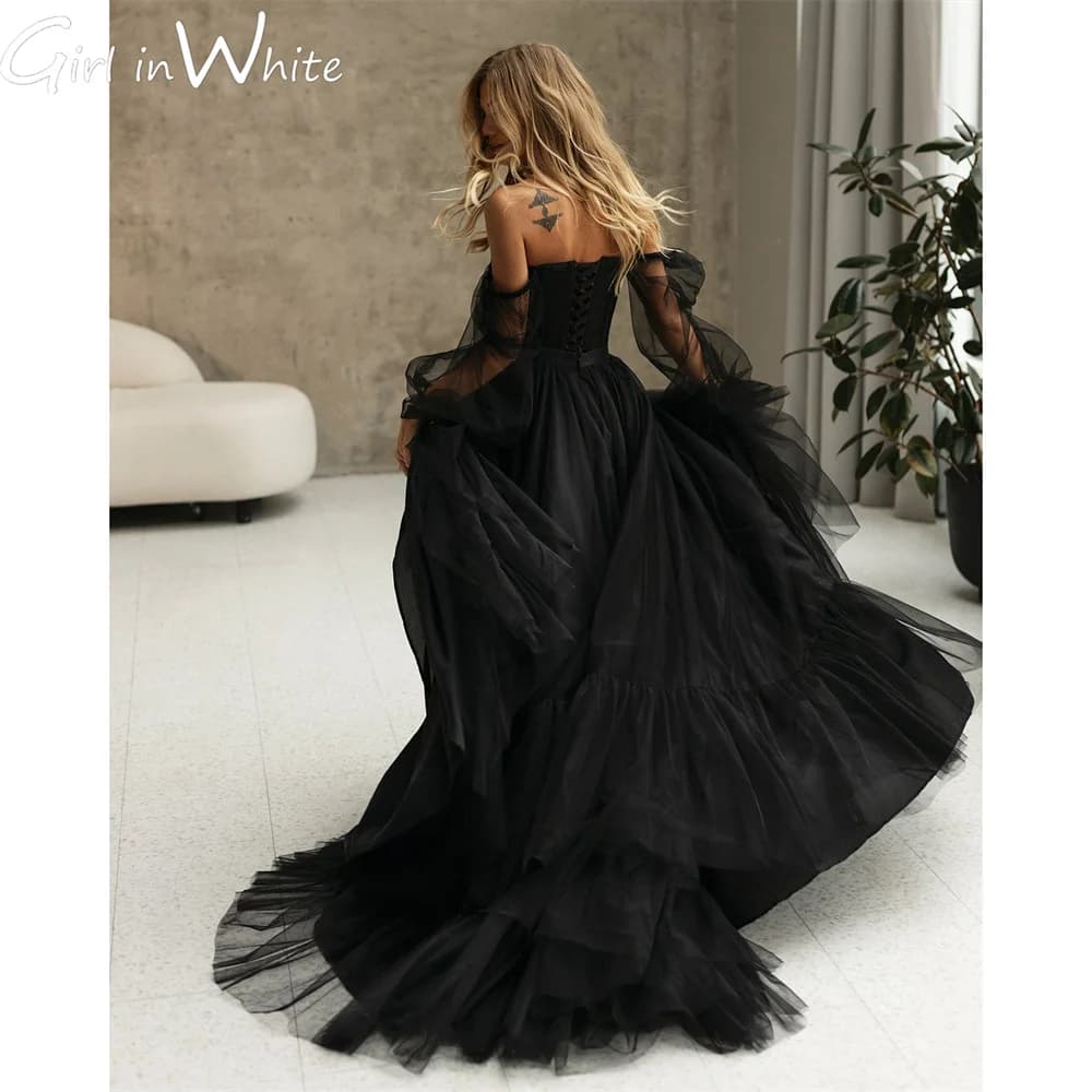 Princess Black Tulle Wedding Dress A Line Off The Shoulder Wedding Gown Lace Up Back Bridal Gown сcustomized vestido de novia