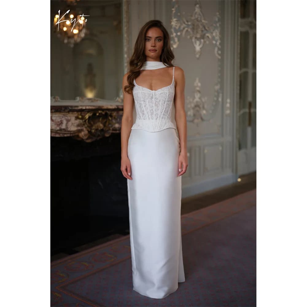 Kyoto Customized White Two-piece Floral Wedding Dress Straight Lace-up Back vestidos de novia Spaghetti Strap Floor-Length Forma
