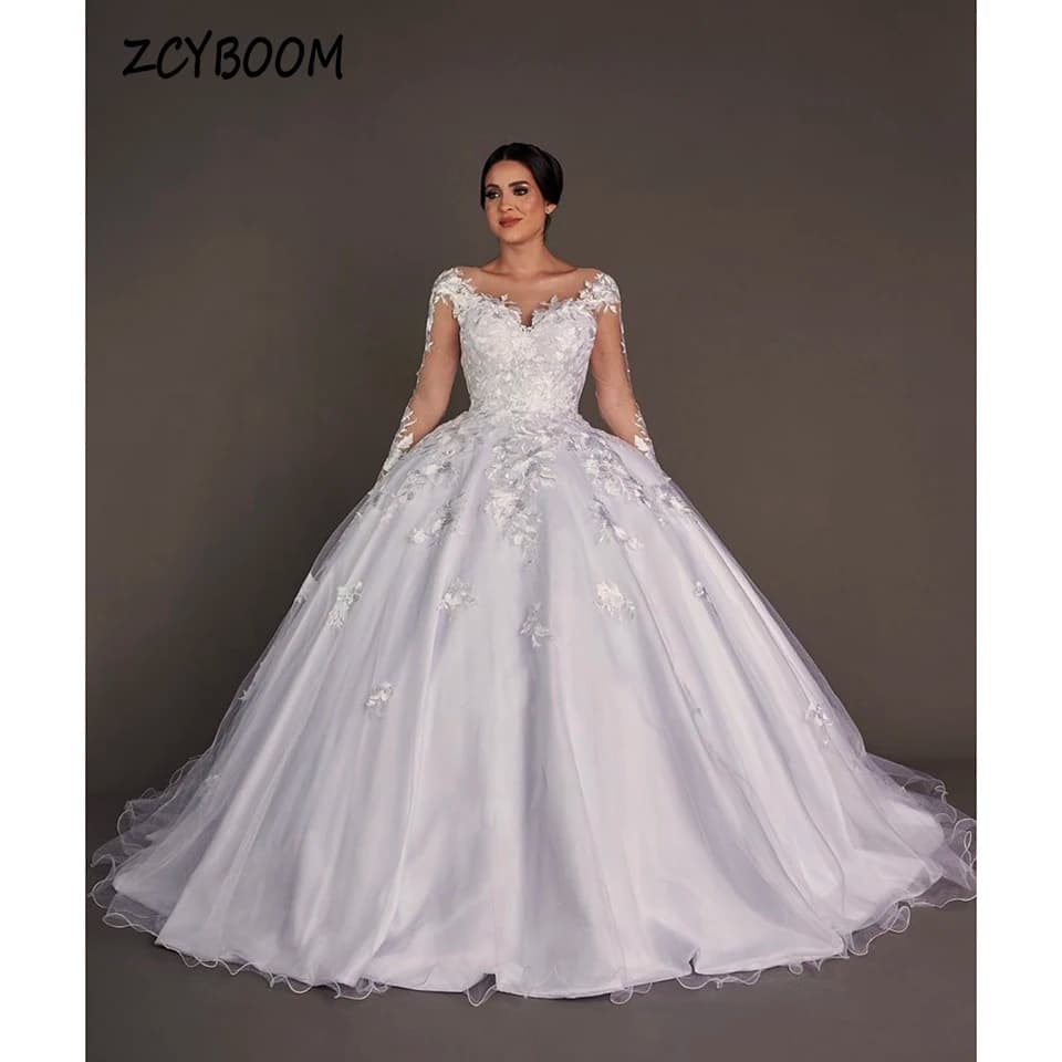 Customized White O-Neck Appliques Full Sleeves Wedding Dress 2026 Ball Gown Floor Length Sweep Train Tulle Zipper Bridal Gown
