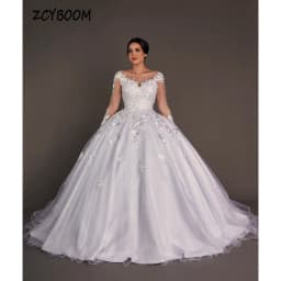 Customized White O-Neck Appliques Full Sleeves Wedding Dress 2026 Ball Gown Floor Length Sweep Train Tulle Zipper Bridal Gown
