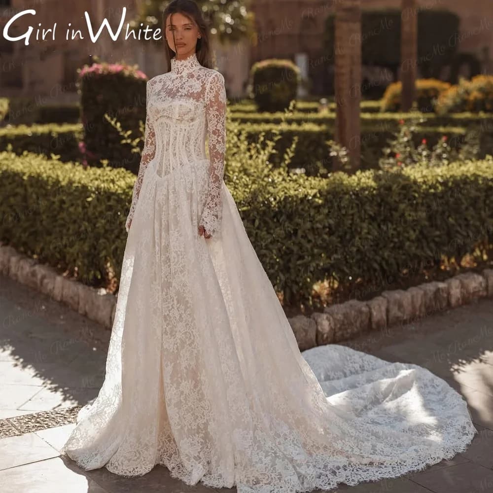 Lace Wedding Dress High Neck A-Line Long Sleeves 2025 Wedding Gowns Luxury Backless Boho Bridal Ball Prom Dress Customised