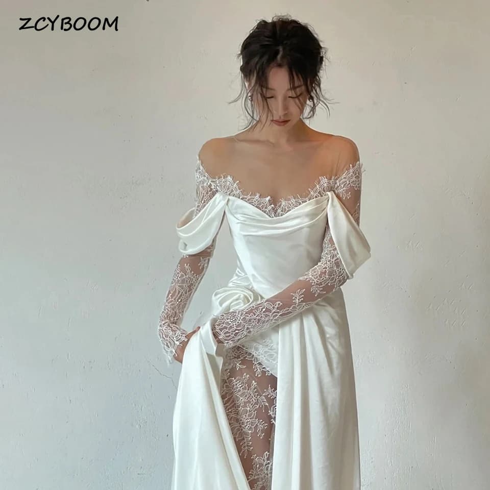 Customized O-Neck Lace Long Sleeves Wedding Dresses 2026 A-Line Floor Length Sweep Train Side Slit Satin Zipper Bridal Gown