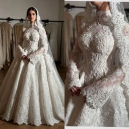 Custom Luxury High Neck Long Sleeve Lace Ball Gown Wedding Dress Cathedral Train Modest Muslim Bridal Gown Vestido De Novia