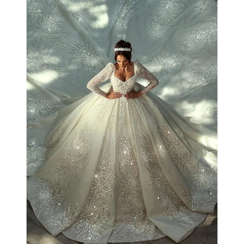 Gwn&Gce 2026 Train Customized Beaded Long Wedding Dresses Modest Long Sleeve Bridal Gown Charming Princess Dresses For Bride