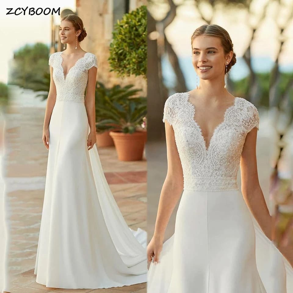Elegant White V-Neck Appliques Zipper Wedding Dress 2026 A-Line Short Sleeves Floor Length Sweep Train Custom Made Bridal Gown