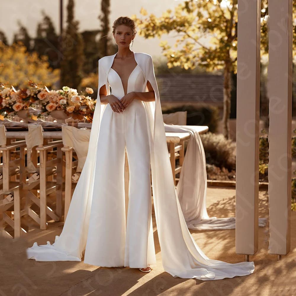 Customized Latest Two Pieces Wedding Dresses White Pants Suit Bridal Gowns Jumpsuit Bride Dress with Cape Wedding Gowns Back Out