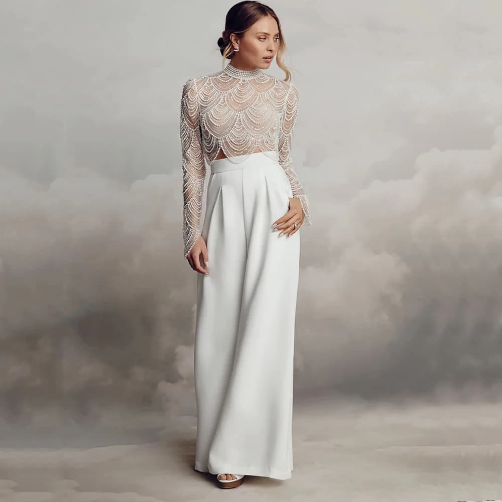 Exquisite High Neck Beading New Wedding Gown Sexy Illusion Long Sleeve Pearl Heavy Industry Bride Civil Custom Vestidos De Novia