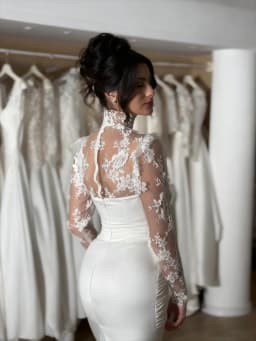 Customized High Neckline Long Lace Sleeves Mermaid Satin Wedding Dress Sexy Back Zipper Floor Length Sweep Train Gown For Bride