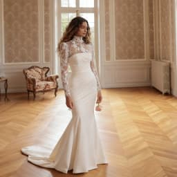 Customized High Neckline Long Lace Sleeves Mermaid Satin Wedding Dress Sexy Back Zipper Floor Length Sweep Train Gown For Bride