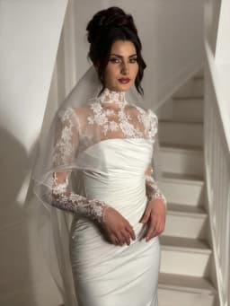 Customized High Neckline Long Lace Sleeves Mermaid Satin Wedding Dress Sexy Back Zipper Floor Length Sweep Train Gown For Bride