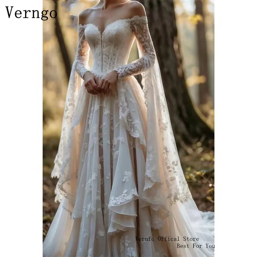 Verngo Boho Off Shoulder Long Sleeve Wedding Dress Lace Corset A Line Bridal Gown Fairy Forest Elegant Bride Dress Customized