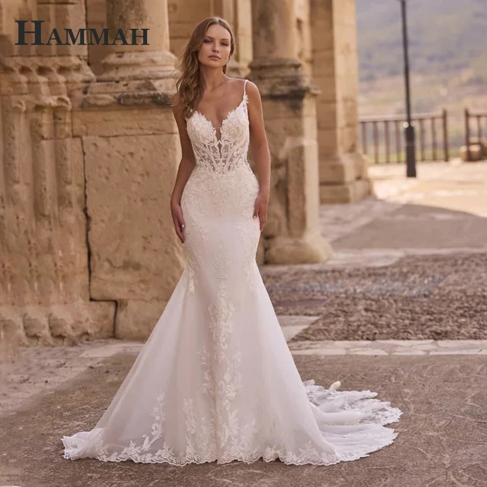 HAMMAH Charming V-neck Wedding Dress for Bride Mermaid Backless Lace Appliques Spaghetti Straps Robe De Mariee Customized
