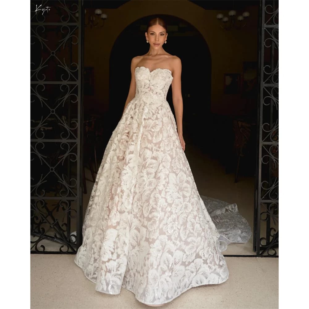 Kyoto Customized Ivory Flower Lace Strapless Wedding Dress Glitter Sweetheart Neck vestidos de novia A-Line Long Train Formal