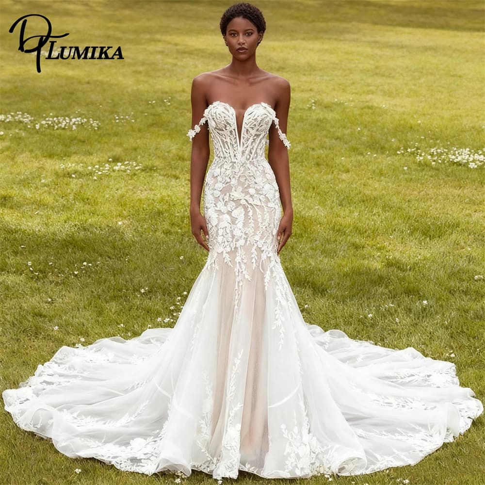 DTLumika Vintage Lace Wedding Dress for Women, Off the Shoulder Long Mermaid Bride Dresses Womens Tailored Bridal Gown