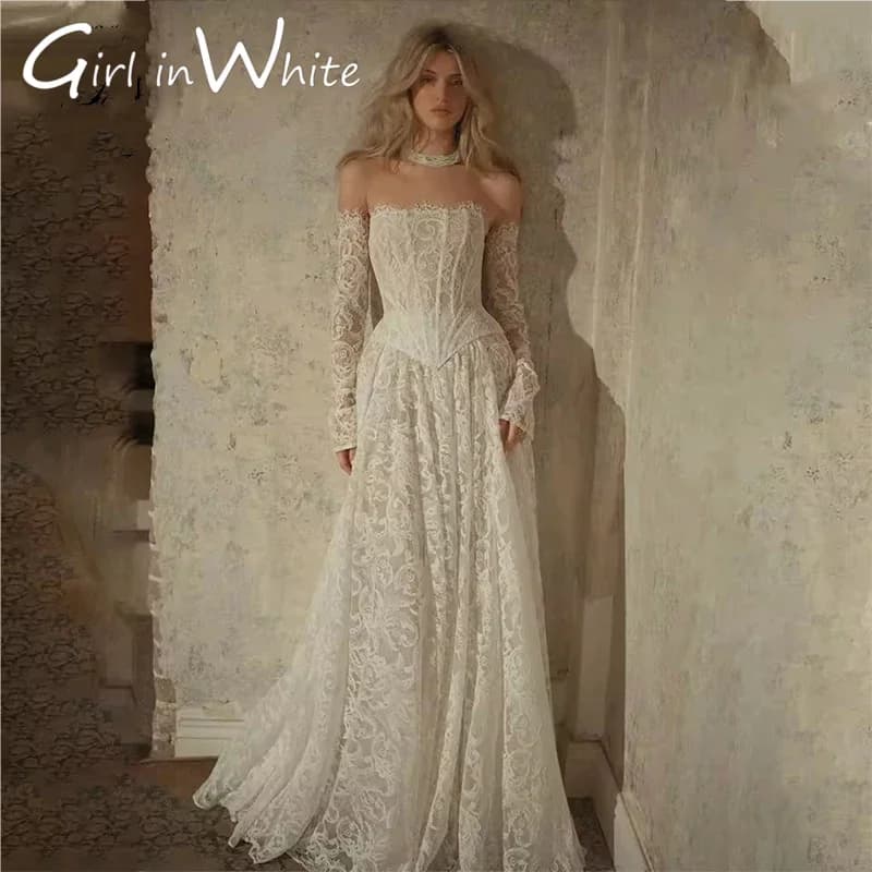 Popular Off Shoulder Boat Neck Lace Bridal Grown A Line Wedding Dresses Detachable Long Sleeves Vestido De Noival Customized