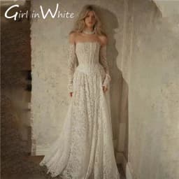 Popular Off Shoulder Boat Neck Lace Bridal Grown A Line Wedding Dresses Detachable Long Sleeves Vestido De Noival Customized