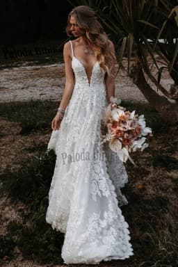 Paloda Stylish Slit Bridal Dress V-neck Backless Spaghetti Straps Court Train Sleeveless Vestidos De Novia Customised