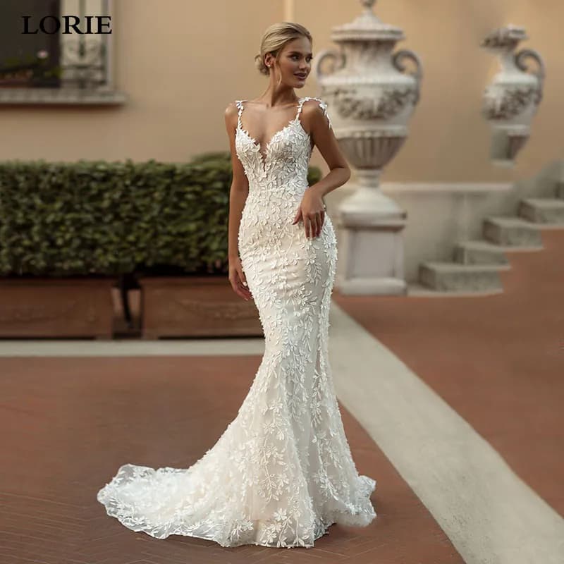 LORIE Exquisite Lace Mermaid Wedding Dresses vestido de novia Spaghetii Strap Bridal Gowns Appliqued LaceWedding Gowns Customizd