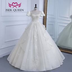 Customized Short Sleeves Pearls Beaded Europe Princess Wedding Dresses For Bride Embroidery Gilter Wedding Dress Fashion WX0308