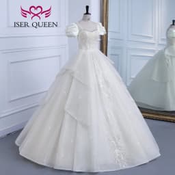 Customized Short Sleeves Pearls Beaded Europe Princess Wedding Dresses For Bride Embroidery Gilter Wedding Dress Fashion WX0308