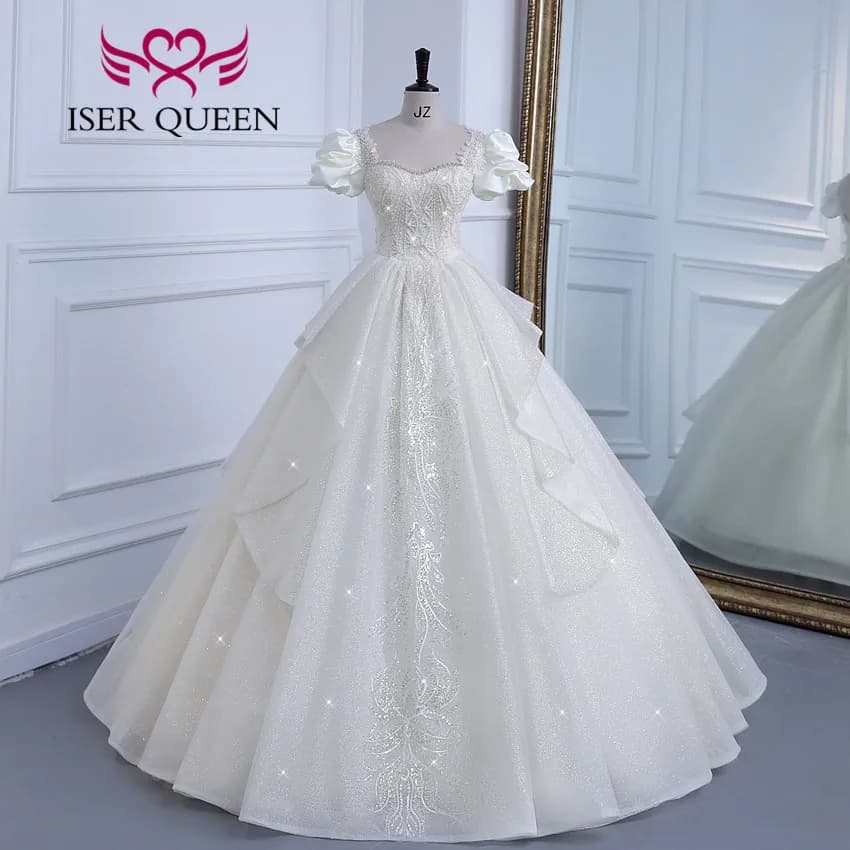 Customized Short Sleeves Pearls Beaded Europe Princess Wedding Dresses For Bride Embroidery Gilter Wedding Dress Fashion WX0308