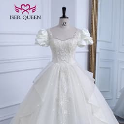 Customized Short Sleeves Pearls Beaded Europe Princess Wedding Dresses For Bride Embroidery Gilter Wedding Dress Fashion WX0308