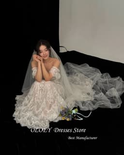 OLOEY Princess A Line Lace Korea Wedding Dresses Off Shoulder Silk Lace Photo Shoot Long Elegant Bridal Gowns 웨딩드레스 Custom