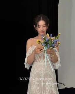 OLOEY Princess A Line Lace Korea Wedding Dresses Off Shoulder Silk Lace Photo Shoot Long Elegant Bridal Gowns 웨딩드레스 Custom