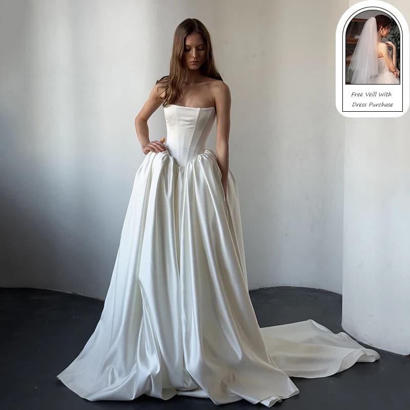Eightree Boho A-Line Wedding Dresses Strapless Sweep Train Satin Bridal Dress Formal Long Wedding Ball Prom Gowns Customized