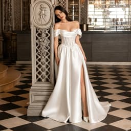 Customized Modern Off Shoulder Neckline Satin A-Line Wedding Dress Elegant Lace-up Back Floor Length High Slit Gown For Bride