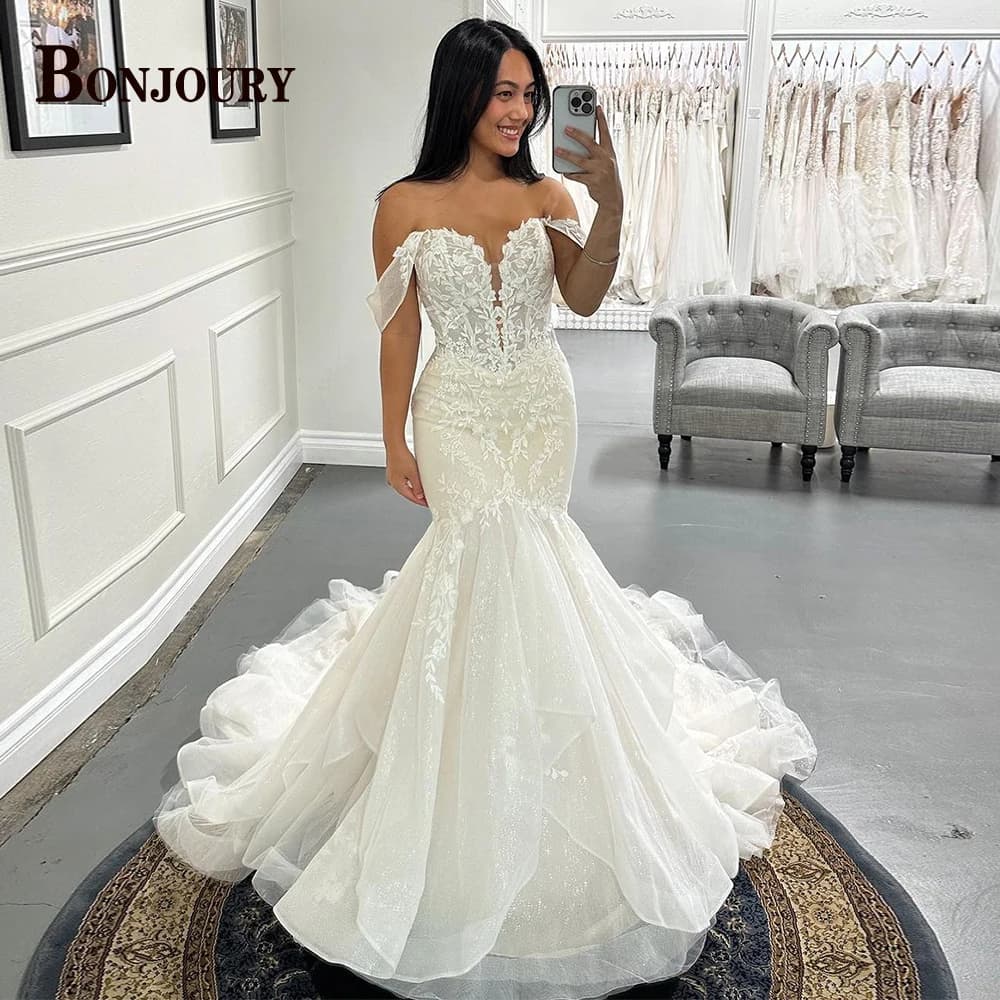 BONJOURY Trendy Mermaid Wedding Dresses For Woman Bride Off Shoulder Tulle Pleat Appliques Vestidos De Noiva Customized