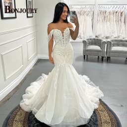 BONJOURY Trendy Mermaid Wedding Dresses For Woman Bride Off Shoulder Tulle Pleat Appliques Vestidos De Noiva Customized