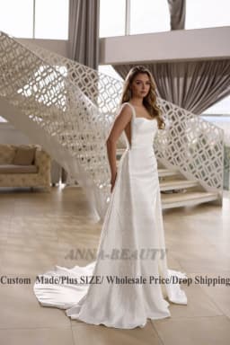 Anna Attractive Square Collar Wedding Dress Sleeveless Mermaid Lace Appliques Zipper Satin Vestidos Para Mujer Customised