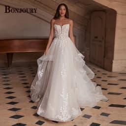 BONJOURY Modern Wedding Dresses for Women A-line Button Ruched Appliques Sleeveless Court Train Vestidos De Novia Customized
