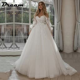 DREAM Customized Off Shoulder Lace Glitter Wedding Dresses Long Puff Sleeve 3D Flowers Boho Bride Gown 2026 Vestidos De Novia