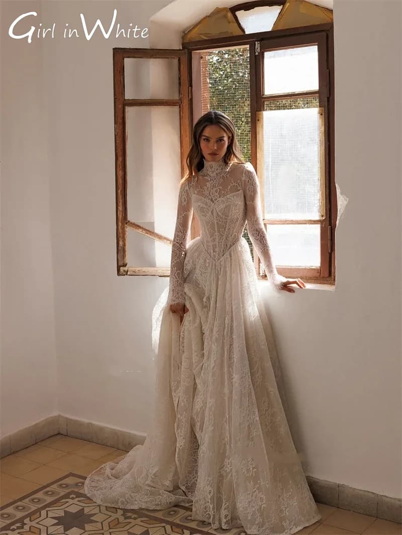 Full Lace Ivory Wedding Dresses High Neck Long Sleeves 2025 Bridal Gowns Floor Length A-Line Wedding Gowns 2025 Customized