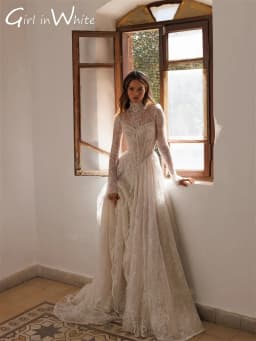 Full Lace Ivory Wedding Dresses High Neck Long Sleeves 2025 Bridal Gowns Floor Length A-Line Wedding Gowns 2025 Customized