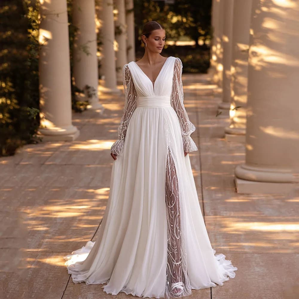 Chiffon Split Wedding Dresses For Bride Puff Sleeve V-Neck A-line Vestidos De Noiva Customized Backless Civil Bride Gowns Women