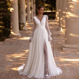 Chiffon Split Wedding Dresses For Bride Puff Sleeve V-Neck A-line Vestidos De Noiva Customized Backless Civil Bride Gowns Women