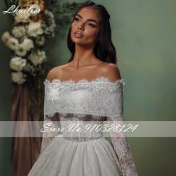 Lhuilier Customized Ball Gown Lace Wedding Dresses Off the Shoulder Long Sleeves Bridal Dress with Court Train