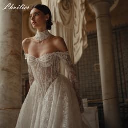 Lhuilier Customized A Line Illusion Lace Wedding Dresses Off the Shoulder Beaded Bridal Gowns with Chapel Train